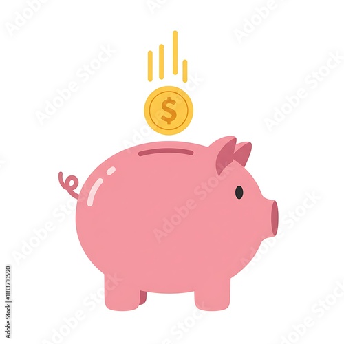 Piggy bank with falling dollar golden coin isolated on white background. Saving, investment concept
