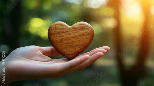 Wooden heart gently in a hand. Representing leader with caring, empathy and respect. Gentle and supportive leader type.