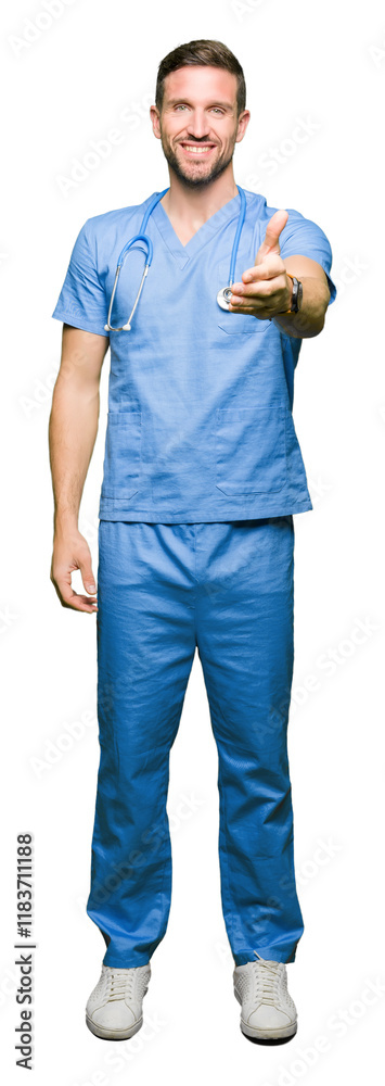 Φωτογραφία Handsome doctor man wearing medical uniform over isolated background smiling friendly offering handshake as greeting and welcoming