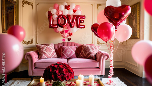 Elegant Romantic Interior with Balloons and Roses. Happy Valentine's Day, Birthday or Wedding banner.