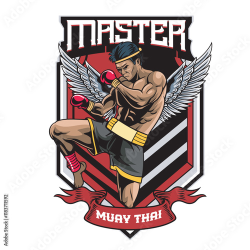 Vector Illustration of Muay Thai Fighter with Wings in Detailed Vector Illustration Available for Logo Badge