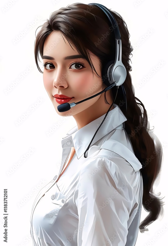 Asian woman headset support agent, white background. Asian woman headset support agent, white background.