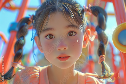 A young girl with playful pigtails enjoys a colorful playground, radiating joy and curiosity under a sunny sky.