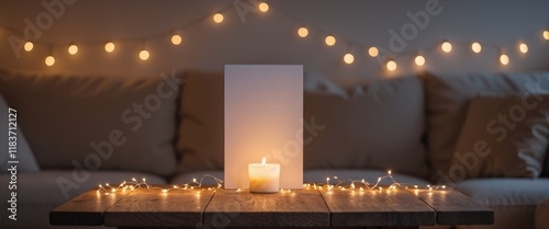 White blank vertical card illuminating cozy living room with string lights and candle on wooden table at night photo