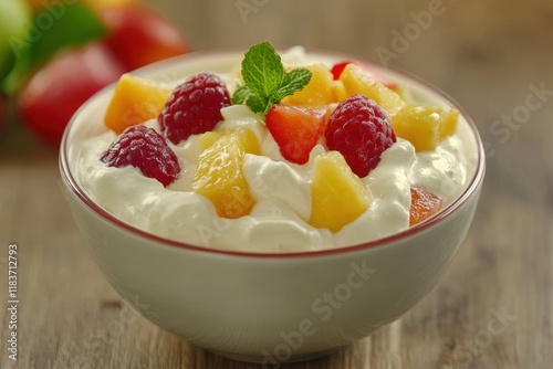 Fruit salad with cream in a bowl on wood