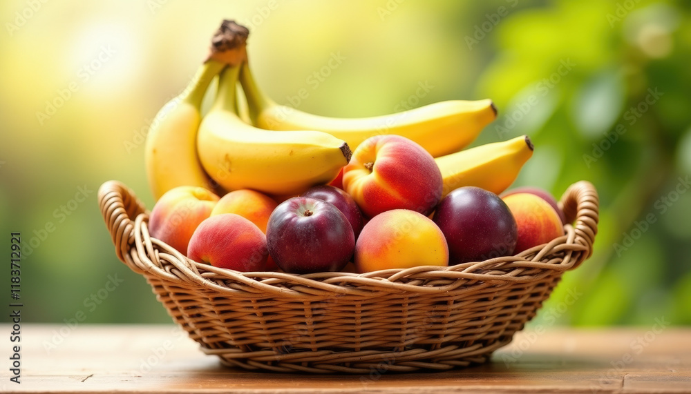 Fresh fruit basket filled with bananas, peaches, and plums on a wooden table Fresh fruit basket filled with bananas, peaches, and plums on a wooden table