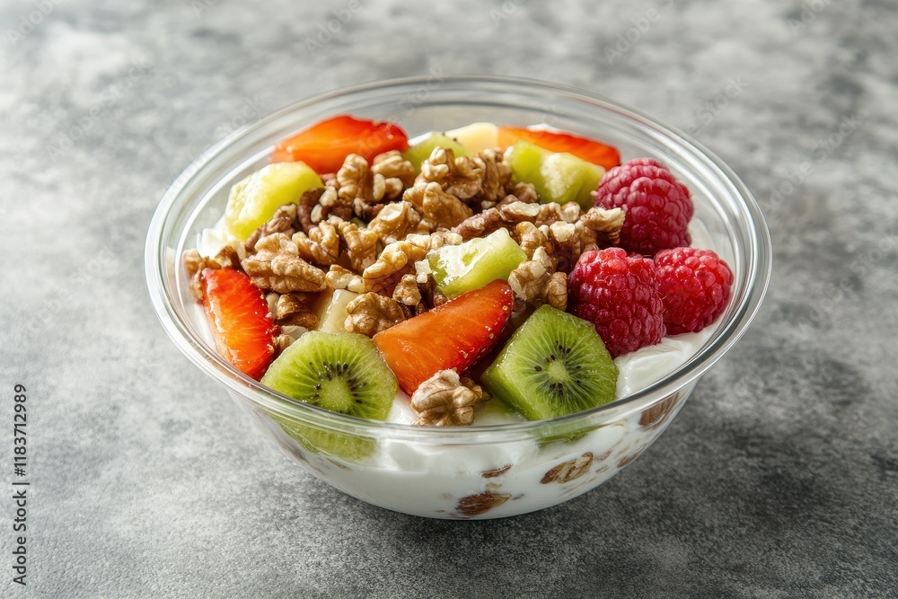 Fruit salad with yogurt and walnuts in a glass bowl on a stone surface Healthy choice Focused view Fruit salad with yogurt and walnuts in a glass bowl on a stone surface Healthy choice Focused view