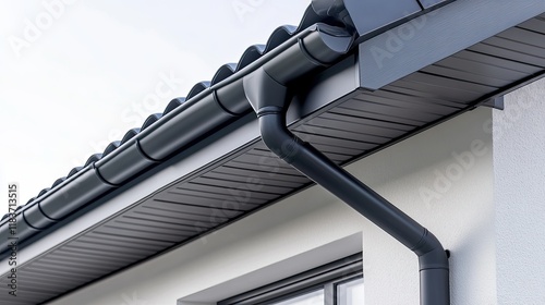 Modern House Exterior with Seamless Black Gutters and Downspout