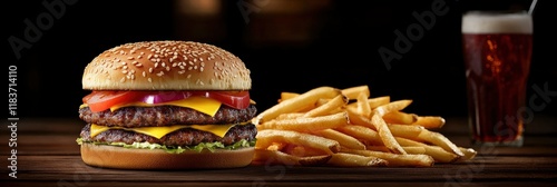 Delicious big meat burger with fries and soda on a wooden table and dark background