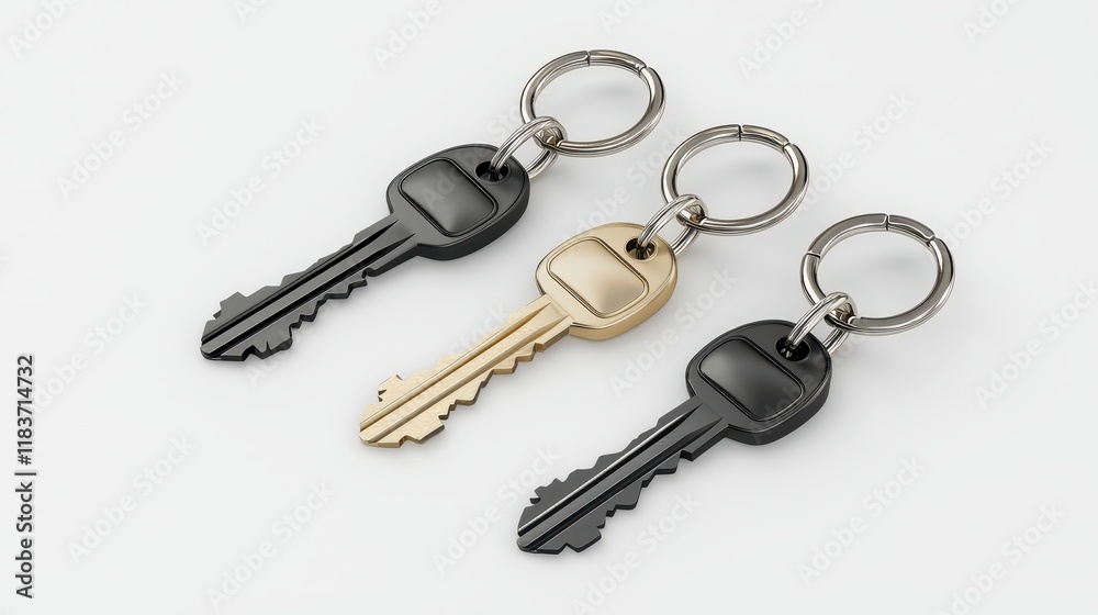 A collection of three keys, featuring distinct colors and designs, displayed on a light background. A collection of three keys, featuring distinct colors and designs, displayed on a light background.