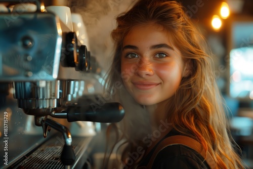 A young woman smiles brightly as she prepares freshly brewed coffee in a cozy cafe setting. photo