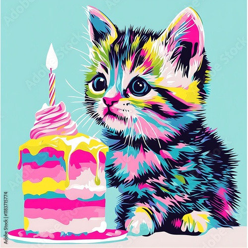 Cute cat with birthday cake photo