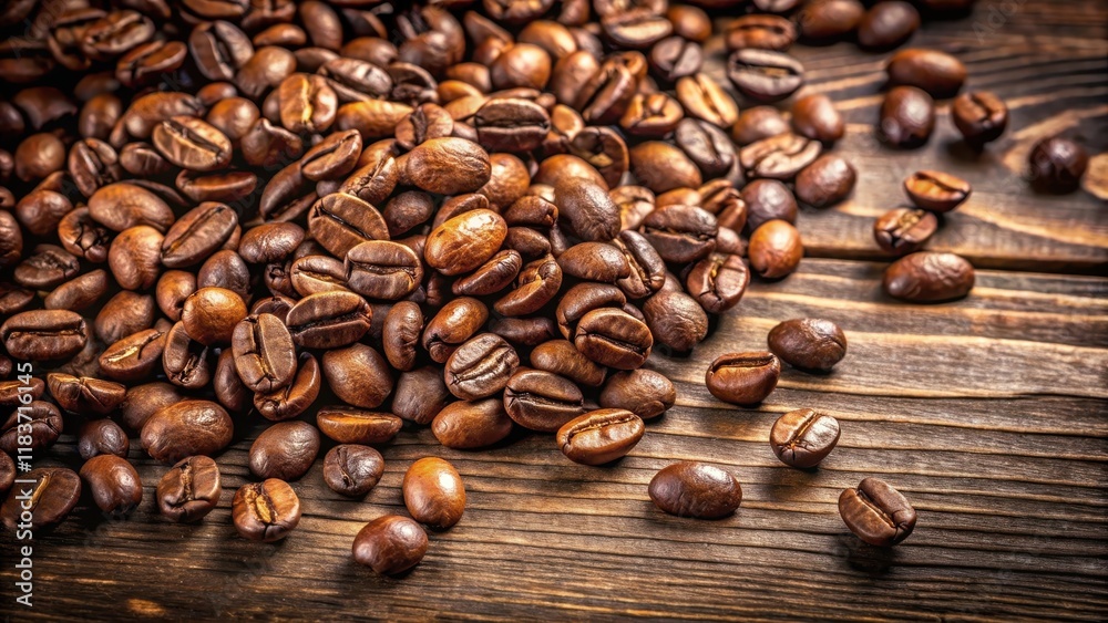 Fototapeta premium Detail photo of roasted coffee beans scattered on a wooden table, highlighting their earthy tones and irregular shapes, with a hint of brown oil on the surface, nature, roast