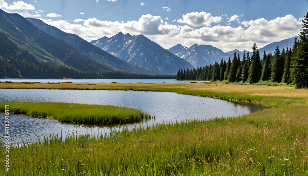 Fototapeta premium Panorama serein de montagnes et lac alpin