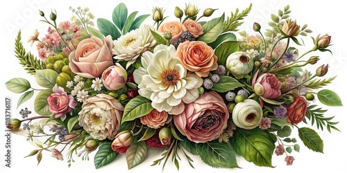intricately arranged flowers in a majestic bouquet with lush greenery and ornate details, classical elegance, botanical illustration