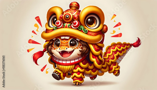 Chinese new year A playful cartoon snake dressed in a traditional Chinese lion dance costume, rich in red, yellow, an2
