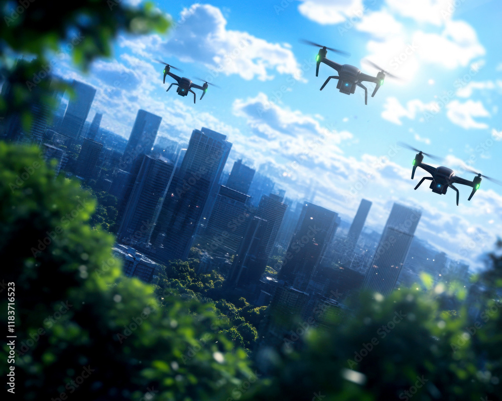 Naklejka premium Drones flying over a city skyline in a vibrant blue sky.