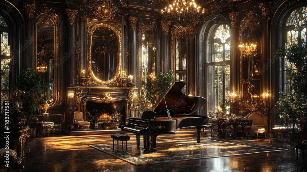 Fototapeta premium Grand Piano in Opulent Gold and Black Ballroom