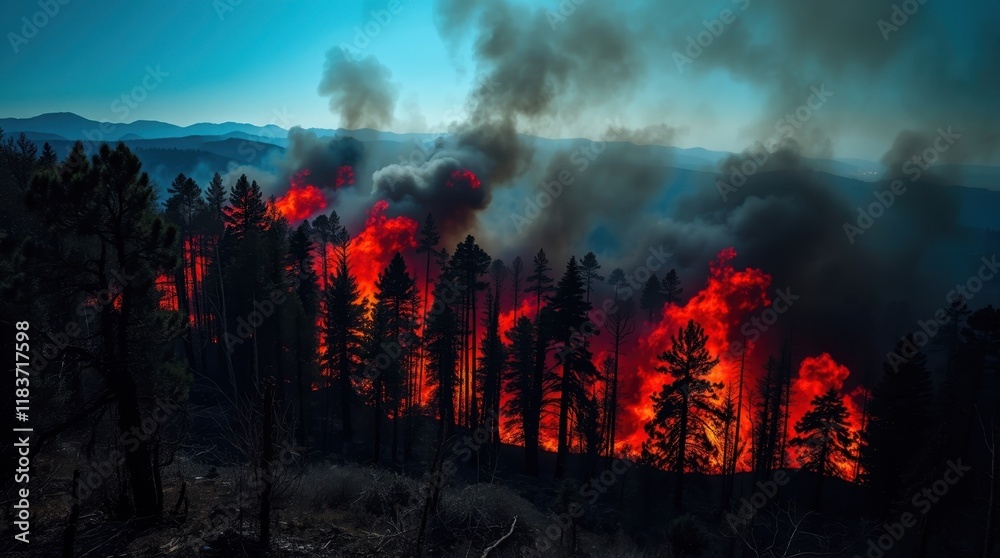 Obraz premium Enormous wildfire engulfs forest landscape under striking blue sky at dusk