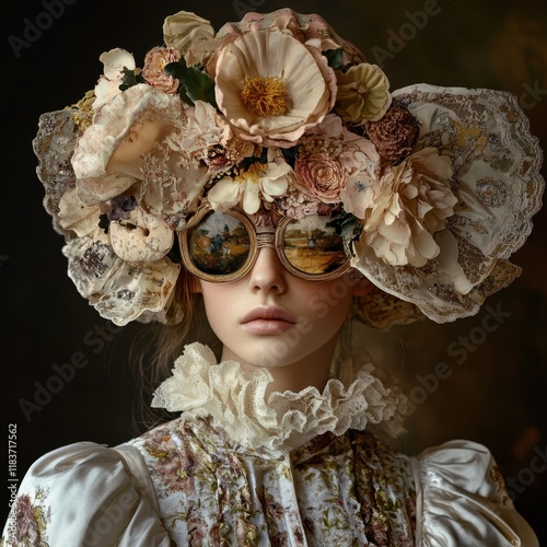 A woman with a floral headdress and ornate sunglasses poses elegantly, showcasing a blend of vintage fashion and artistic expression.
