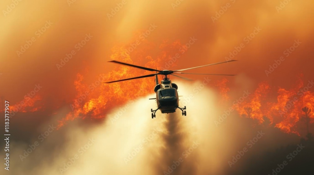 Fototapeta premium Helicopter battling fierce wildfire under a dramatic orange sky at sunset