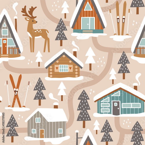 Hand drawn seamless vector pattern with winter lodge, deer, ski equipment and pine trees. Snowy woodland landscape with cute deer and ski cabin. EPS 10 vector file. Perfect for textile or wallpaper.