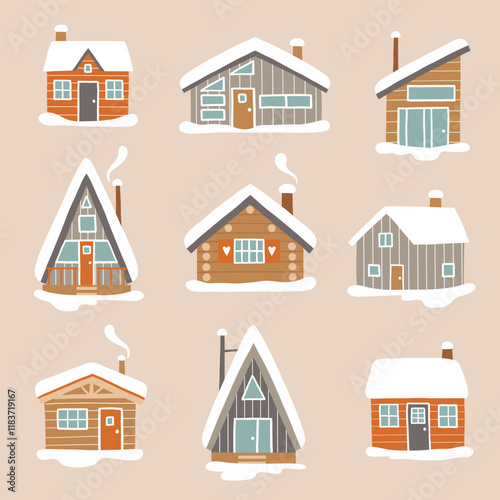 Set of vector winter lodges. Hand drawn snowy ski cabin collection. Cute winter woodhouse clipart. EPS 10 vector file. 