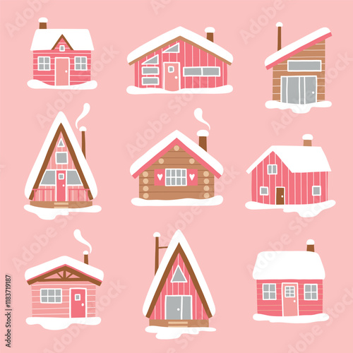 Set of vector winter lodges. Hand drawn snowy ski cabin collection. Cute winter woodhouse clipart. EPS 10 vector file. 