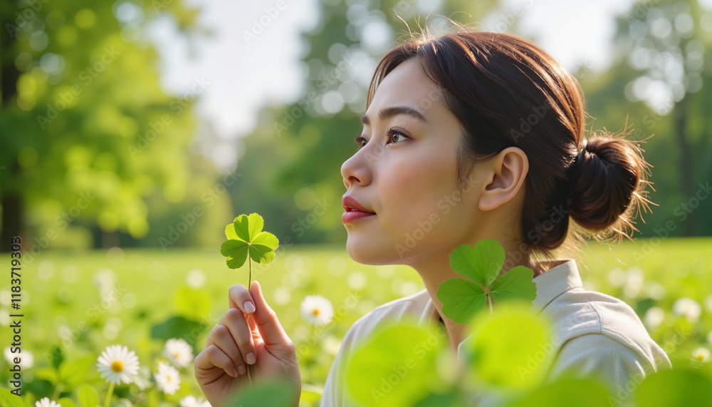 Young Asian woman admiring clover field in sunny park, nature appreciation Young Asian woman admiring clover field in sunny park, nature appreciation