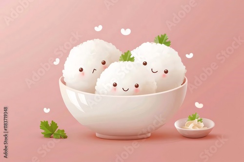 Cute rice balls bowl, pink background, food illustration. photo