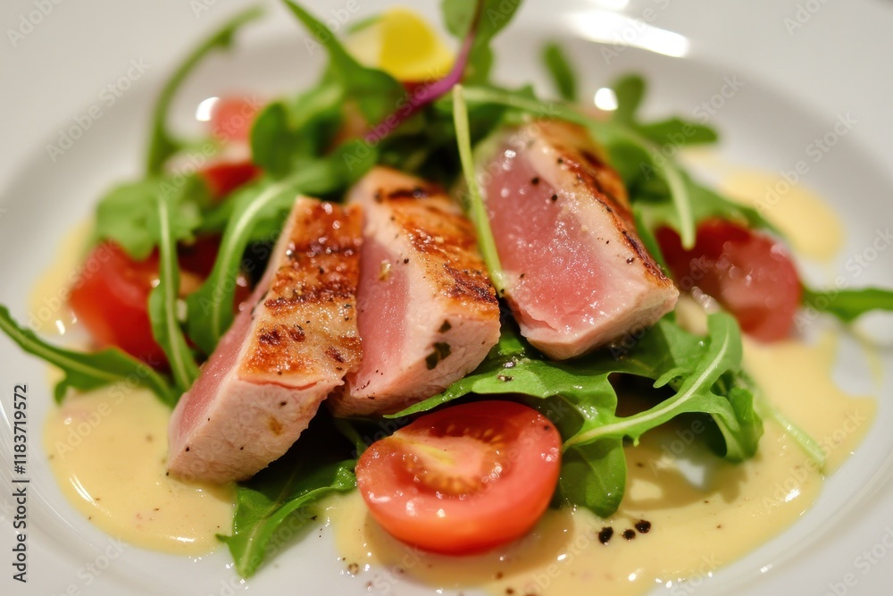 Grilled tuna served with salad and cream dressing Grilled tuna served with salad and cream dressing