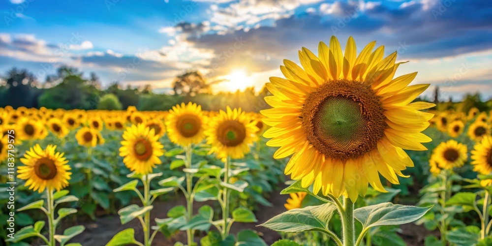 Bright sunflowers standing tall in a field on a sunny day with blurred background , outdoor, nature Bright sunflowers standing tall in a field on a sunny day with blurred background , outdoor, nature