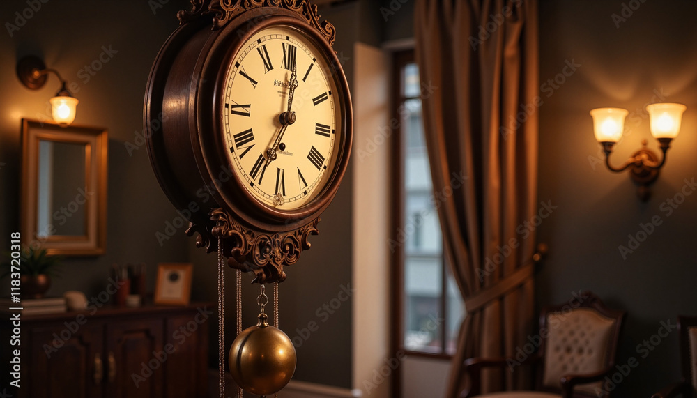 Naklejka premium Ornate clock with pendulum in classical music study room, timeless elegance