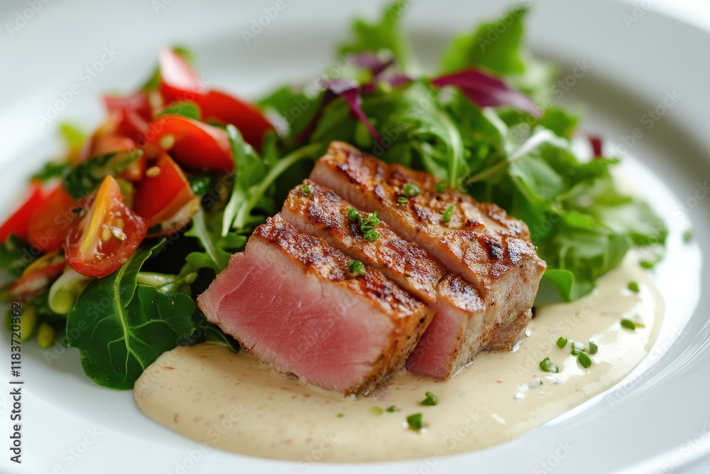 Grilled tuna with salad and creamy dressing Grilled tuna with salad and creamy dressing