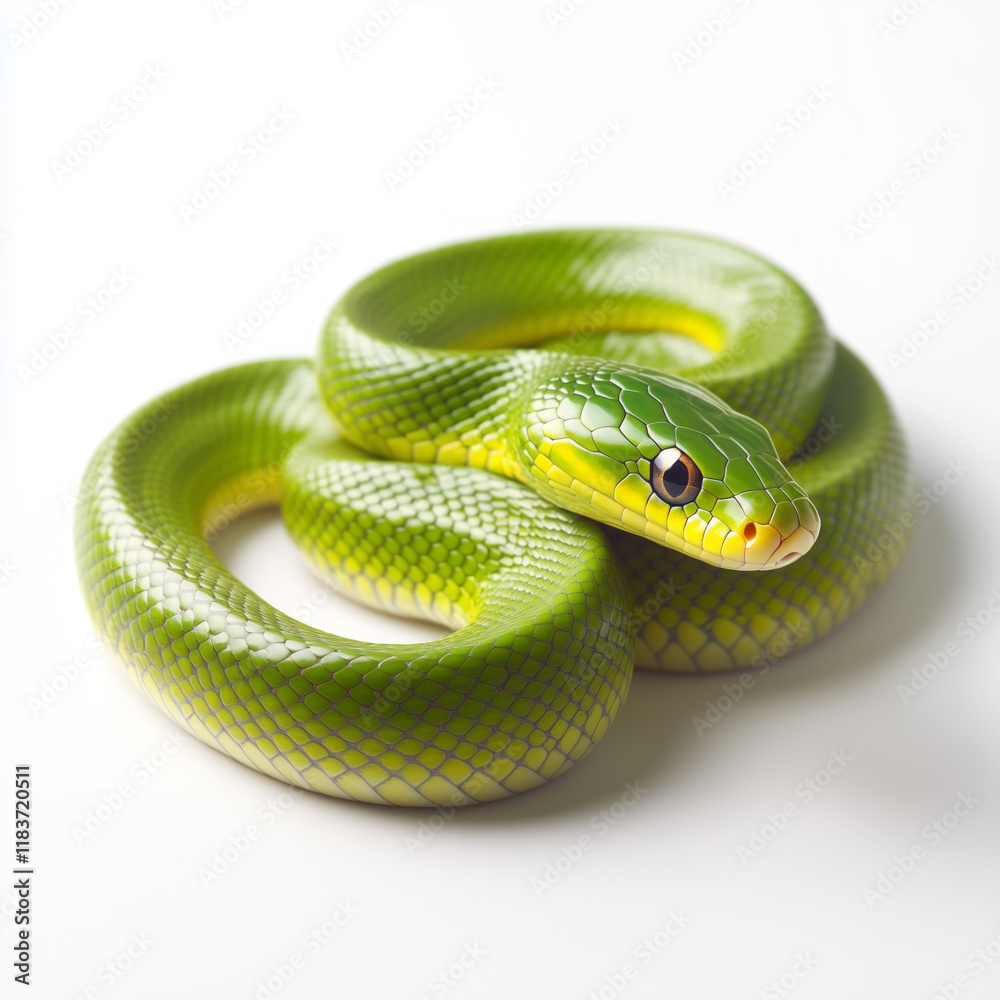 Obraz premium Closeup of bright green snake with detailed scales, coiled and resting, isolated on white transparent background, reptiles or wildlife, symbolizing Chinese Lunar New year