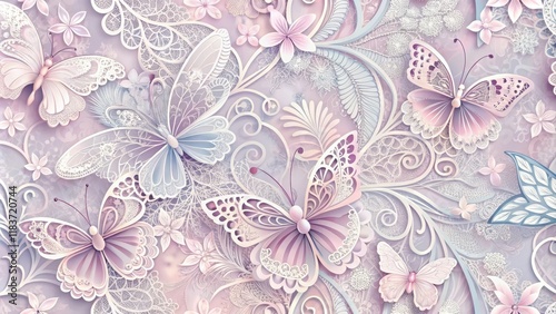Wallpaper Mural Delicate abstract seamless lace pattern with intricate floral motifs and fluttering butterfly shapes in a whimsical, dreamy color palette, abstract, delicate Torontodigital.ca