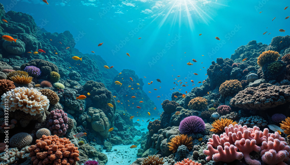 Fototapeta premium Vibrant underwater coral reef teeming with fish, marine biodiversity