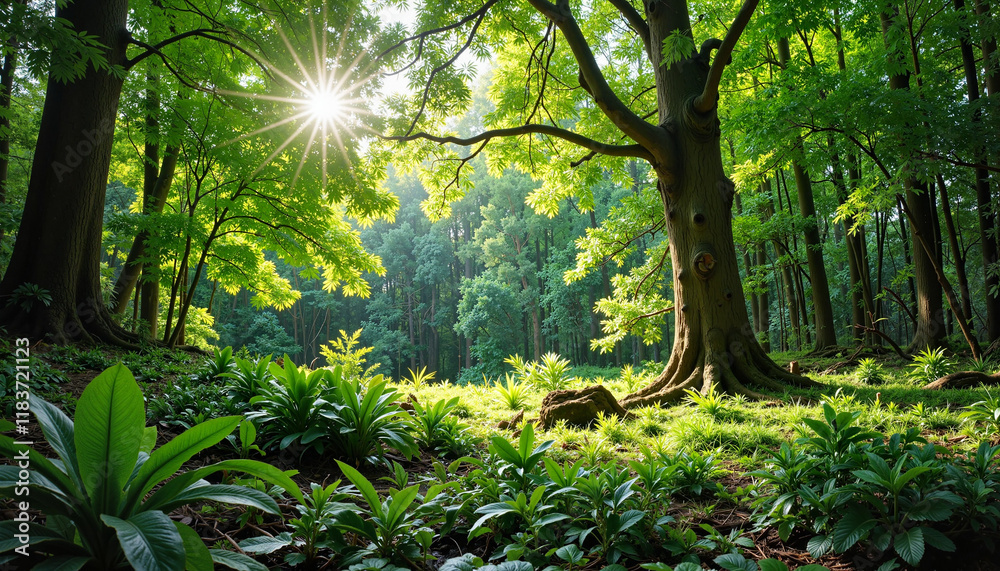 Fototapeta premium Lush rain forest with sunlight filtering through trees, vibrant nature