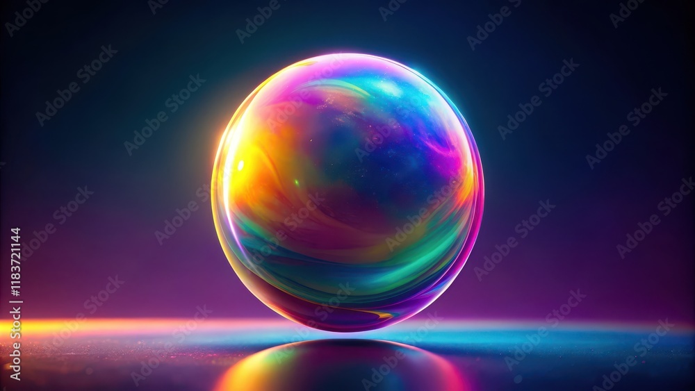 A vibrant, iridescent sphere suspended in mid-air against a dark, gradient background, emitting a soft, ethereal glow A vibrant, iridescent sphere suspended in mid-air against a dark, gradient background, emitting a soft, ethereal glow