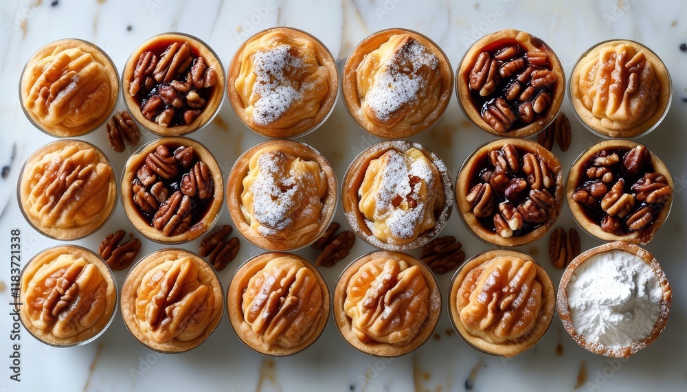 Delightful Individual Desserts with Pecans and Creamy Filling on Elegant Marble Surface Delightful Individual Desserts with Pecans and Creamy Filling on Elegant Marble Surface