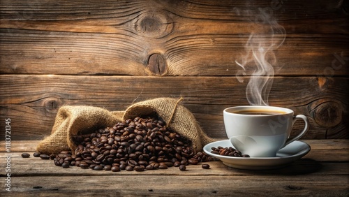 Cup of coffee with heart shape smoke and coffee beans on burlap sack on old wooden background, coffee lover, comforting ambiance
