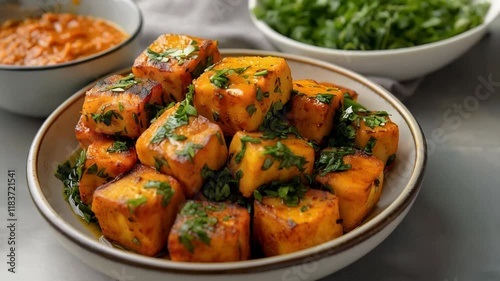 Golden paneer cubes garnished with fresh herbs in a bowl alongside vibrant sauces and greens