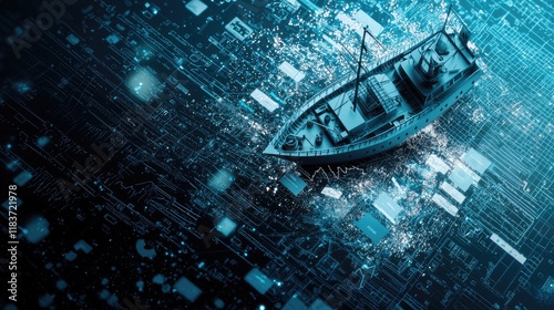 A futuristic boat navigates through a digital landscape filled with glowing data squares, creating a surreal blend of technology and maritime themes.