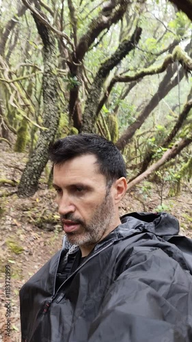 Selfie Moment of Man and Friend Hiking in Laurisilva Forest in Tenerife’s Anaga Region