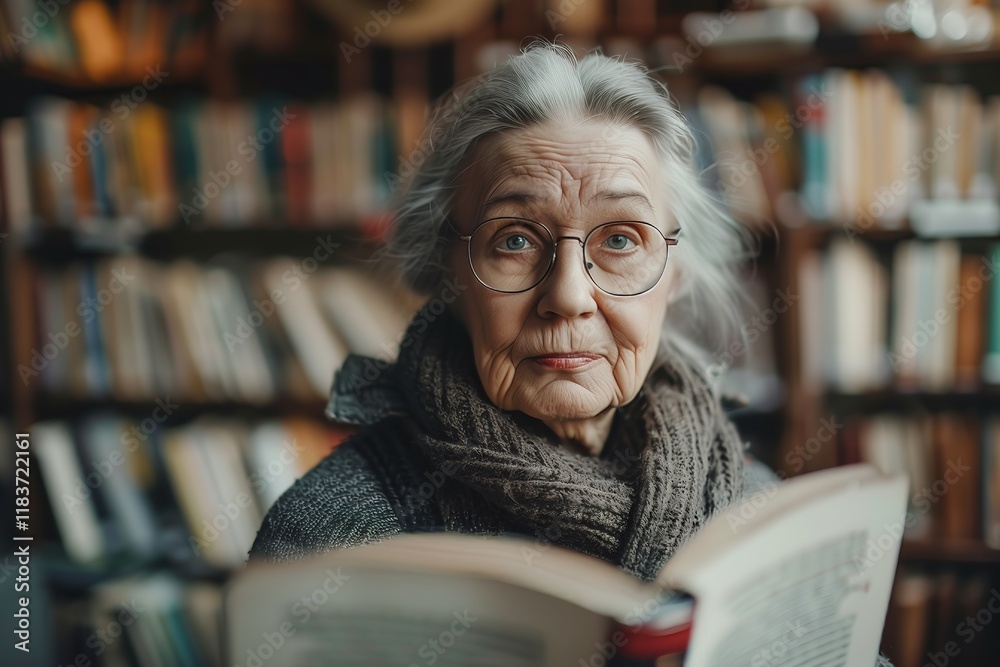 An elderly woman reading a book in a cozy library, showcasing wisdom and a love for literature.