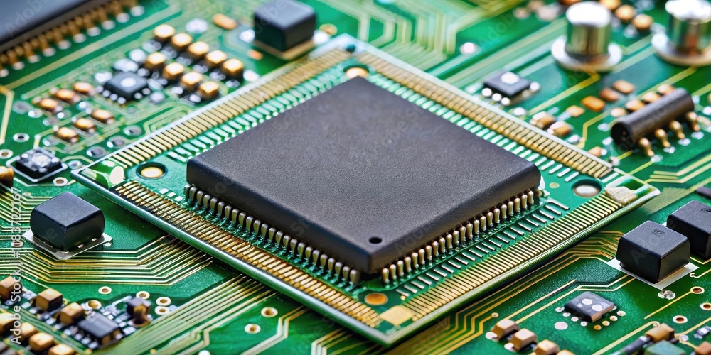 Microchip mounted on a circuit board with other electronic components , electronics, microchip Microchip mounted on a circuit board with other electronic components , electronics, microchip