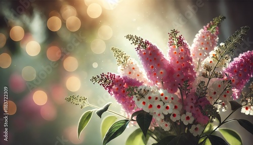 A bouquet of delicate butterfly bush flowers, featuring light pink, white, and magenta blooms