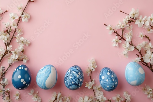 Blue and White Easter Eggs with Pink Floral Background, A beautiful arrangement of marbled and floral-patterned blue and white Easter eggs placed with delicate pink blossoms against a soft pink 
 photo