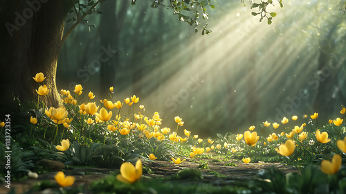 Yellow winter aconite flower in beautiful forest with sunlight