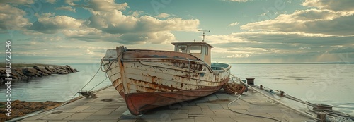 An old wooden fishing boat rests at the dock under a dramatic sky, reflecting the calm sea waves and coastal scenery. photo